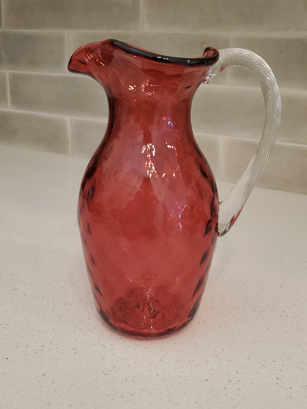 Vintage Cranberry Quilted Pattern Glass Pitcher with Clear Handle